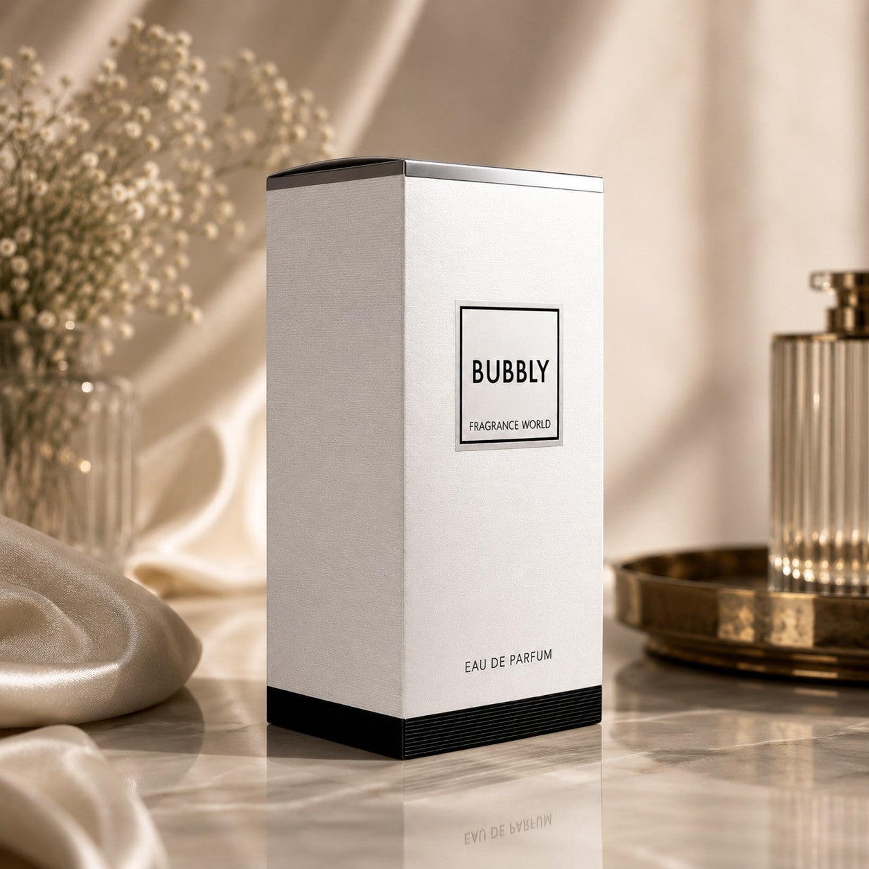 Soghaat Bubbly Eau de Parfum by Fragrance World in a white rectangular box on a marble surface with soft lighting.