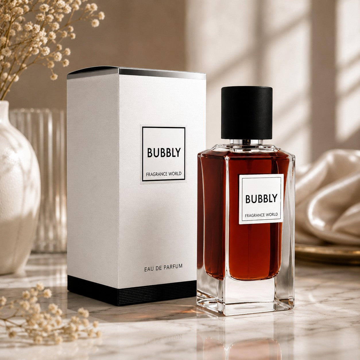 Soghaat Bubbly Eau de Parfum by Fragrance World in a glass bottle with amber liquid and matching white box on marble.