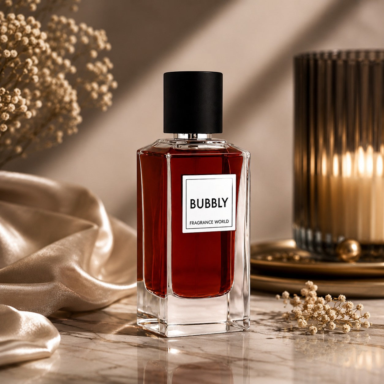Soghaat Bubbly Eau de Parfum by Fragrance World in a clear glass bottle with deep red liquid on a marble surface.