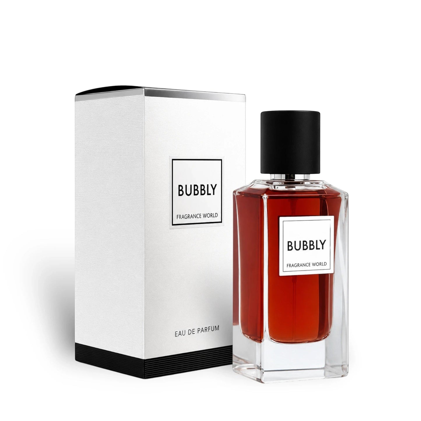 Soghaat Bubbly Eau de Parfum by Fragrance World in a clear glass bottle with amber liquid and matching white box.