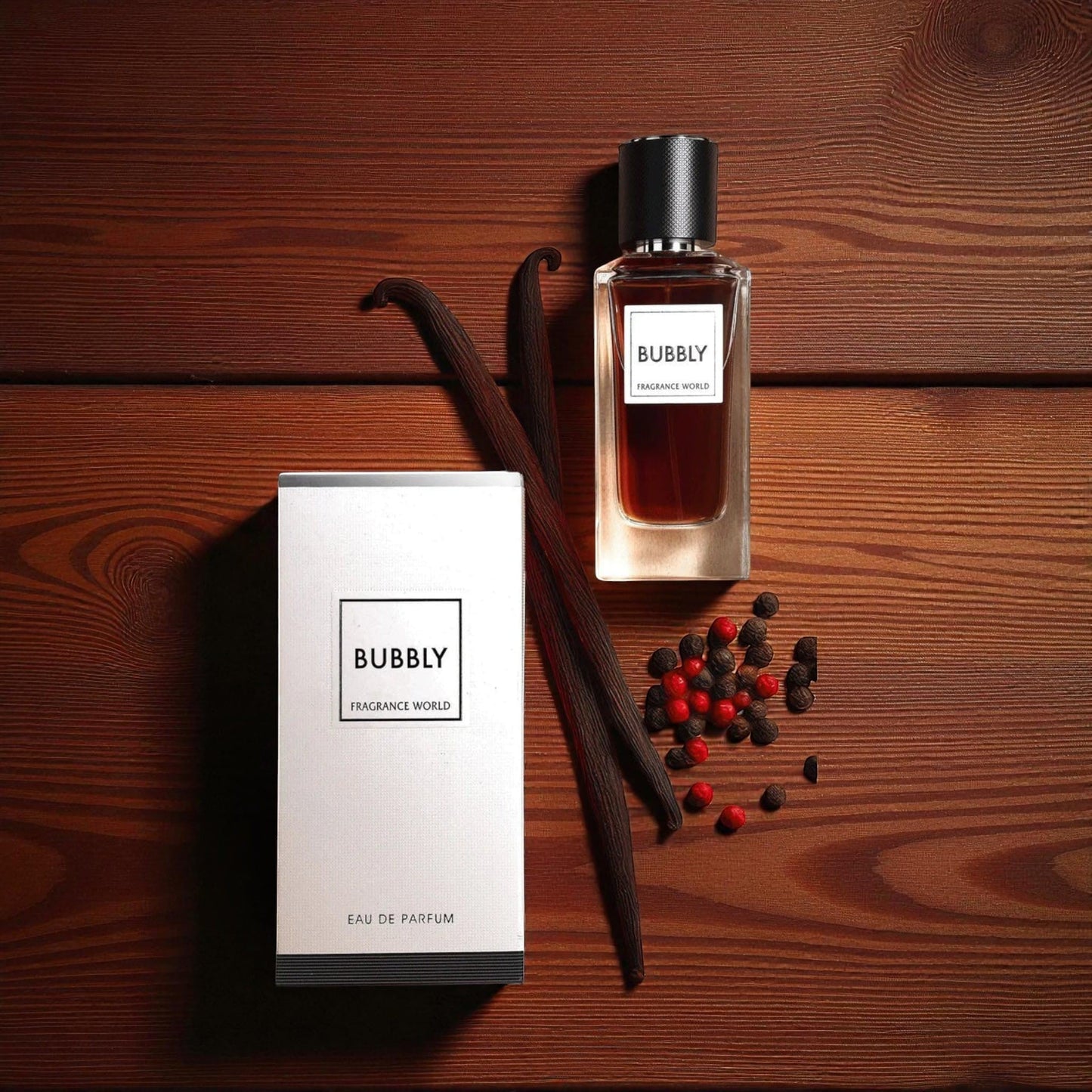 Soghaat Bubbly Eau de Parfum by Fragrance World with vanilla beans and peppercorns on a dark wooden surface.