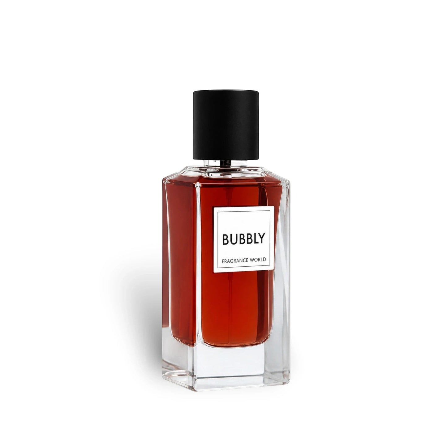 Soghaat Bubbly Eau de Parfum by Fragrance World in a clear glass bottle with deep amber liquid and black cap.