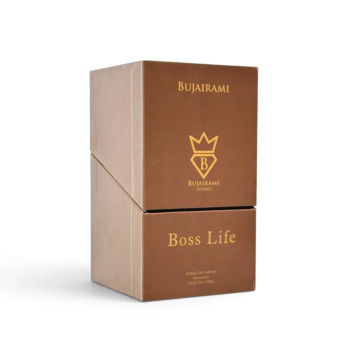Soghaat Bujairami Boss Life 100ml Extrait de Parfum brown box with gold logo and elegant typography
