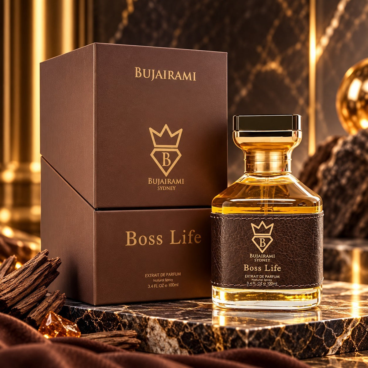 Soghaat Bujairami Boss Life 100ml Extrait de Parfum bottle and brown box on a marble surface with woody accents.