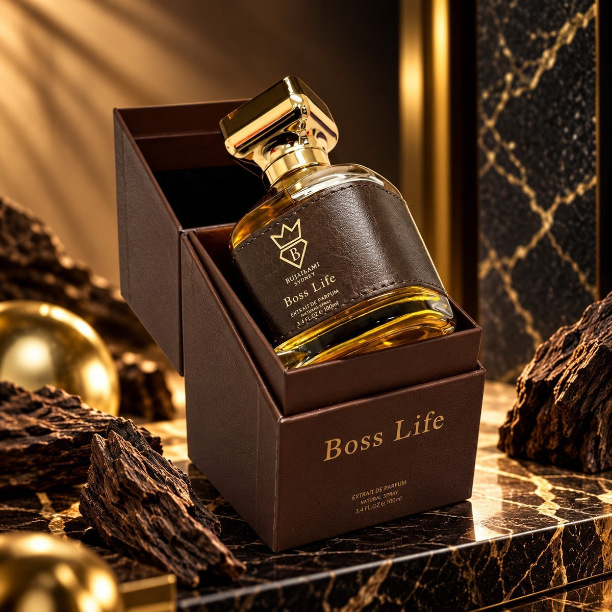 Soghaat Bujairami Boss Life 100ml Extrait de Parfum in a brown leather-wrapped bottle inside a matching gift box.