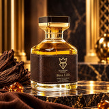Soghaat Bujairami Boss Life 100ml Extrait de Parfum in a glass bottle with a leather label on a marble surface.