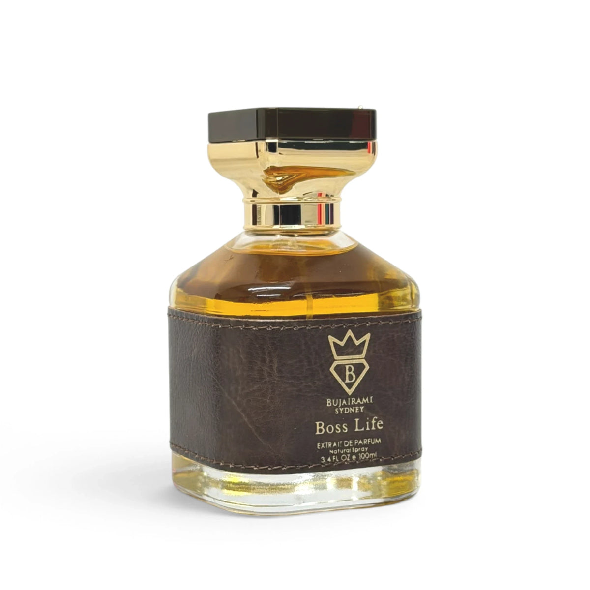 Soghaat Bujairami Boss Life 100ml Extrait de Parfum in a glass bottle with a brown leather wrap and gold cap.