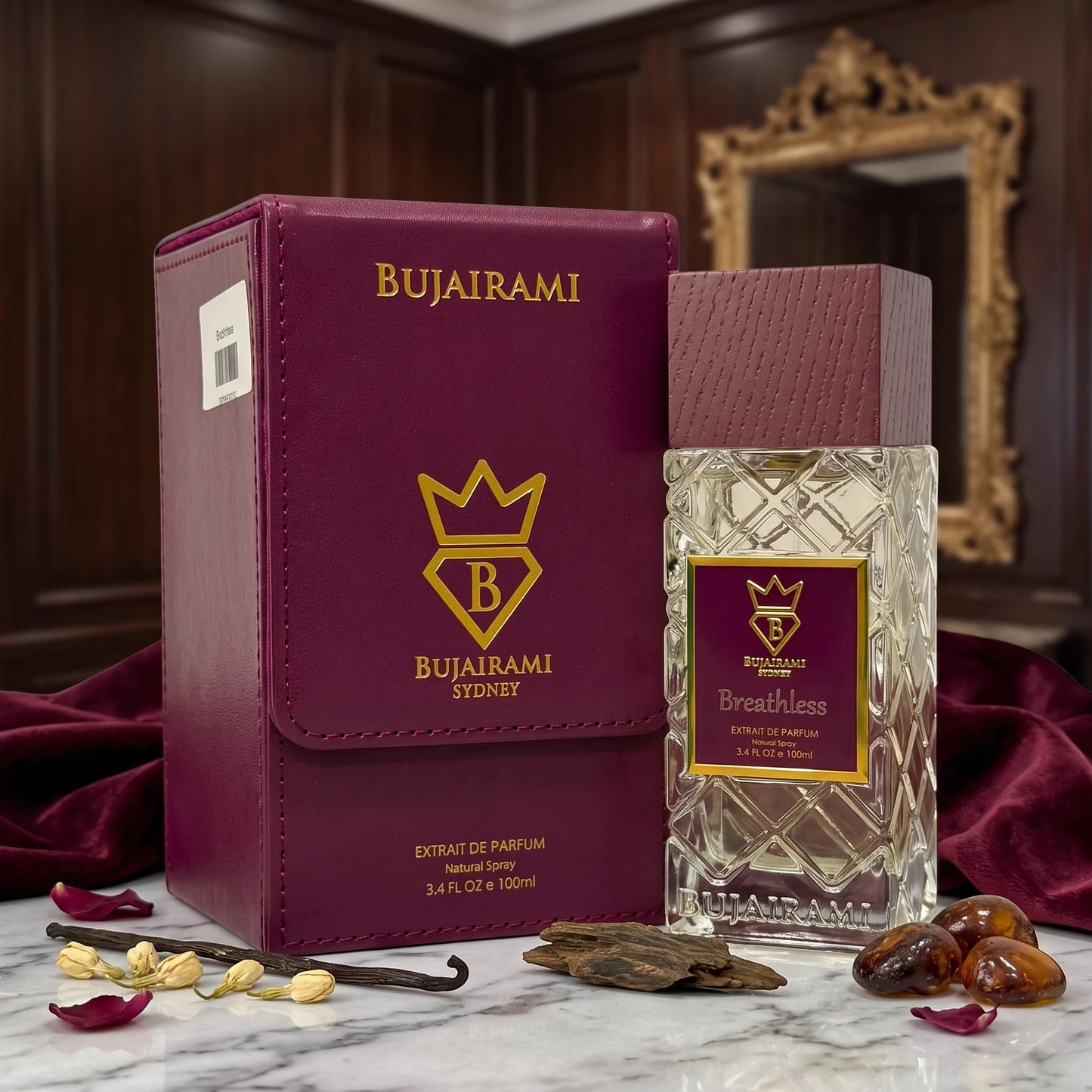 Soghaat Bujairami Breathless 100ml Extrait de Parfum bottle and purple leather case with oud and rose petals.