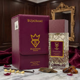 Soghaat Bujairami Breathless 100ml Extrait de Parfum bottle and purple leather case with oud and rose petals.
