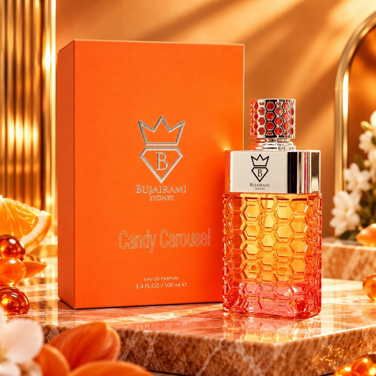 Soghaat Bujairami Candy Carousel 100ml Eau de Parfum in an orange box and honeycomb-textured glass bottle.