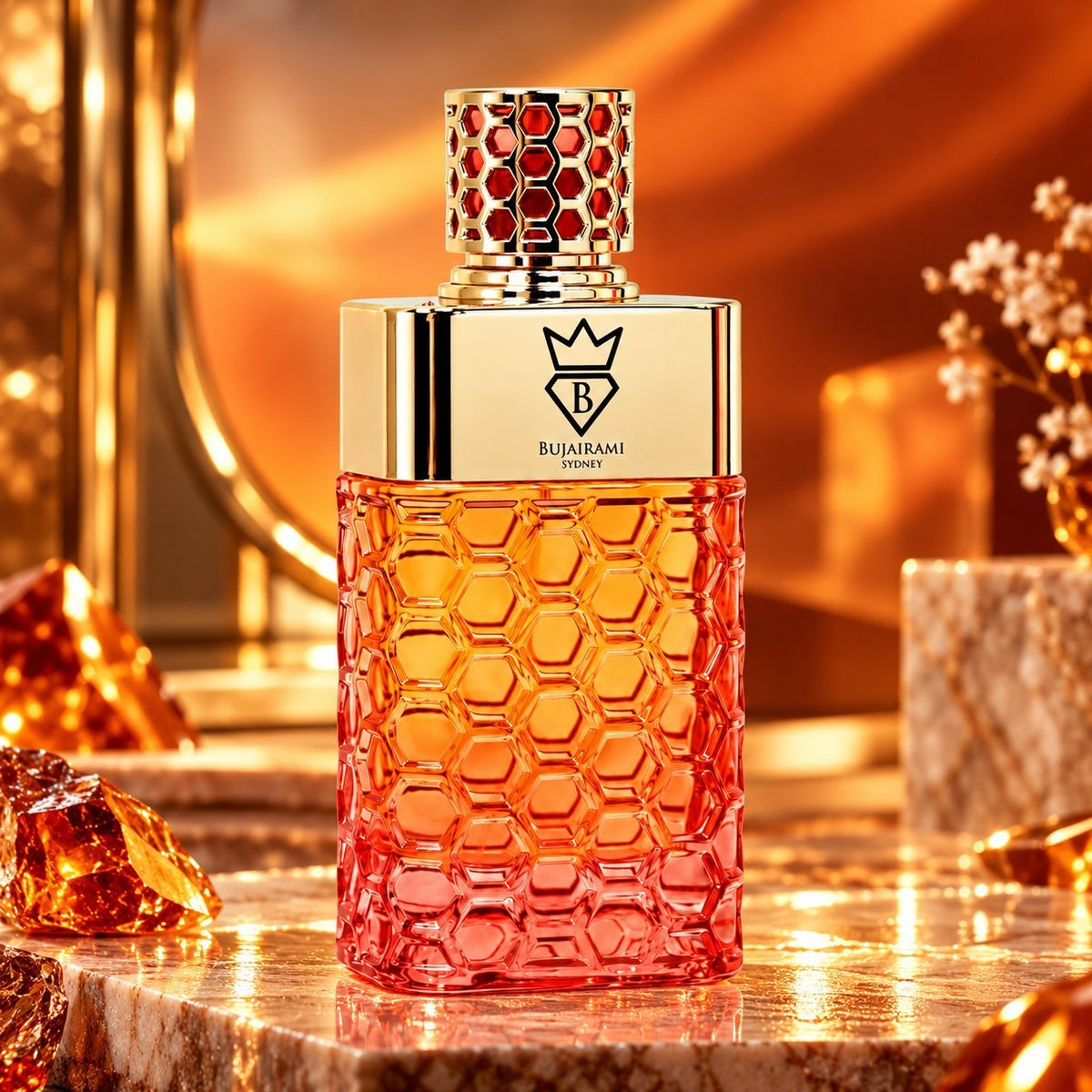 Soghaat Bujairami Candy Carousel 100ml Eau de Parfum in a vibrant orange and red honeycomb glass bottle with gold cap.