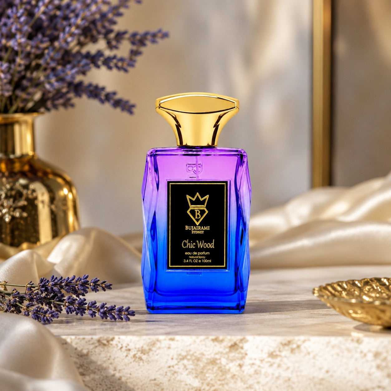 Soghaat Bujairami Chic Wood unisex eau de parfum in a vibrant purple and blue gradient glass bottle with a gold cap.