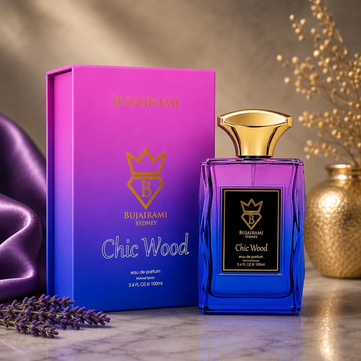 Soghaat Bujairami Chic Wood unisex eau de parfum in a vibrant purple and blue gradient bottle with gold cap.