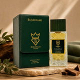 Bujairami Chubby 100ml Extrait de Parfum bottle and green case, featuring citrus, woody, and musky notes.