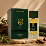 Bujairami Chubby 100ml Extrait de Parfum bottle and green case, featuring citrus, woody, and musky notes.