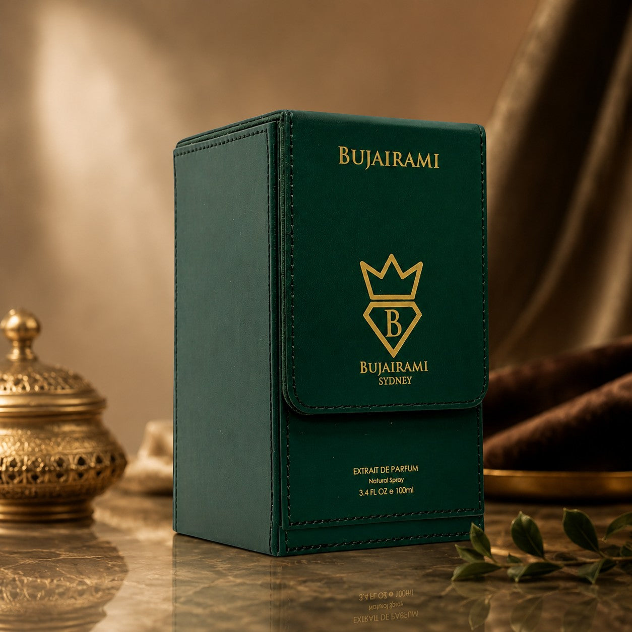 Soghaat green leather box packaging for Bujairami Chubby 100ml Extrait de Parfum, featuring gold logo and text.