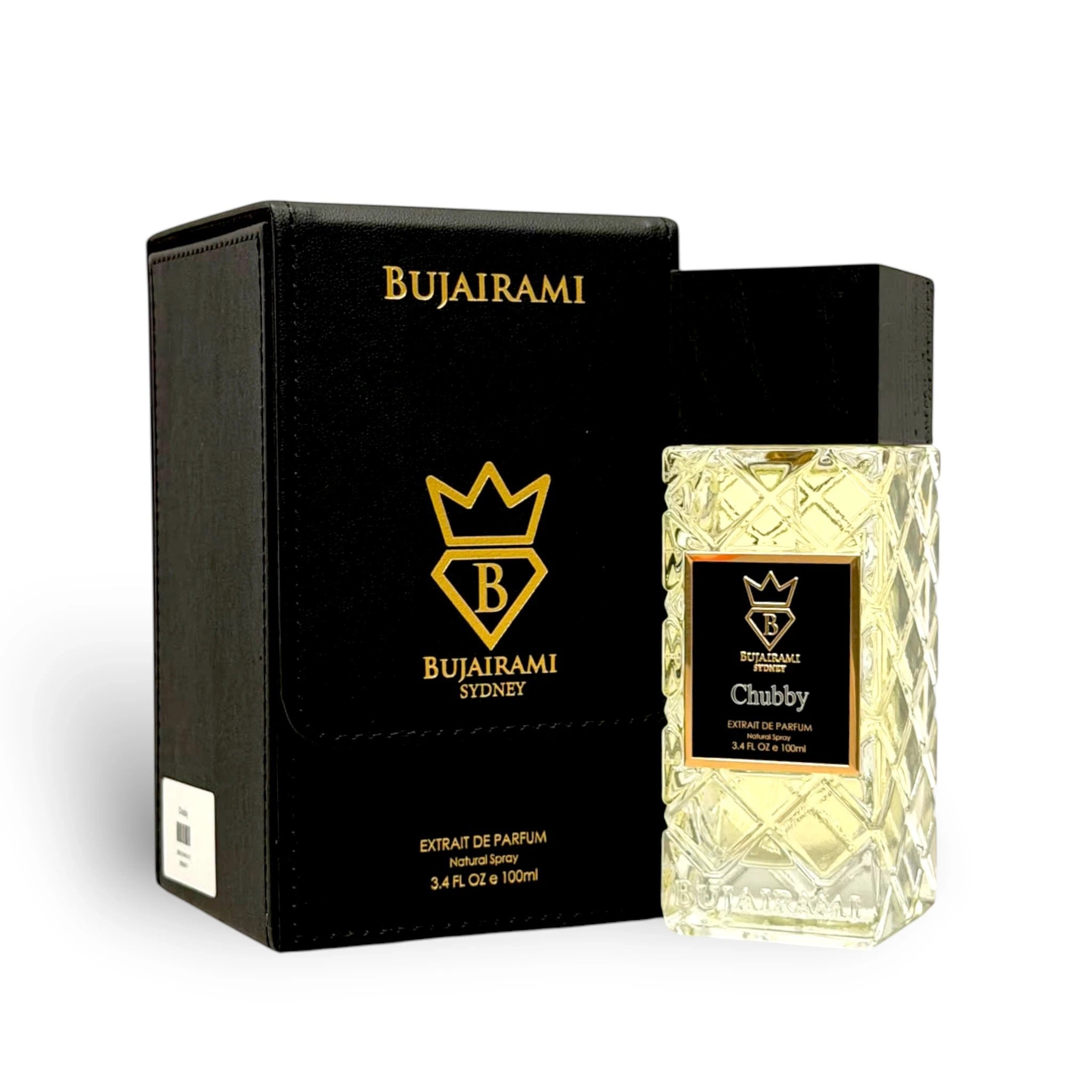 Soghaat Bujairami Chubby 100ml unisex Extrait de Parfum in a textured glass bottle with a black leather-style box.