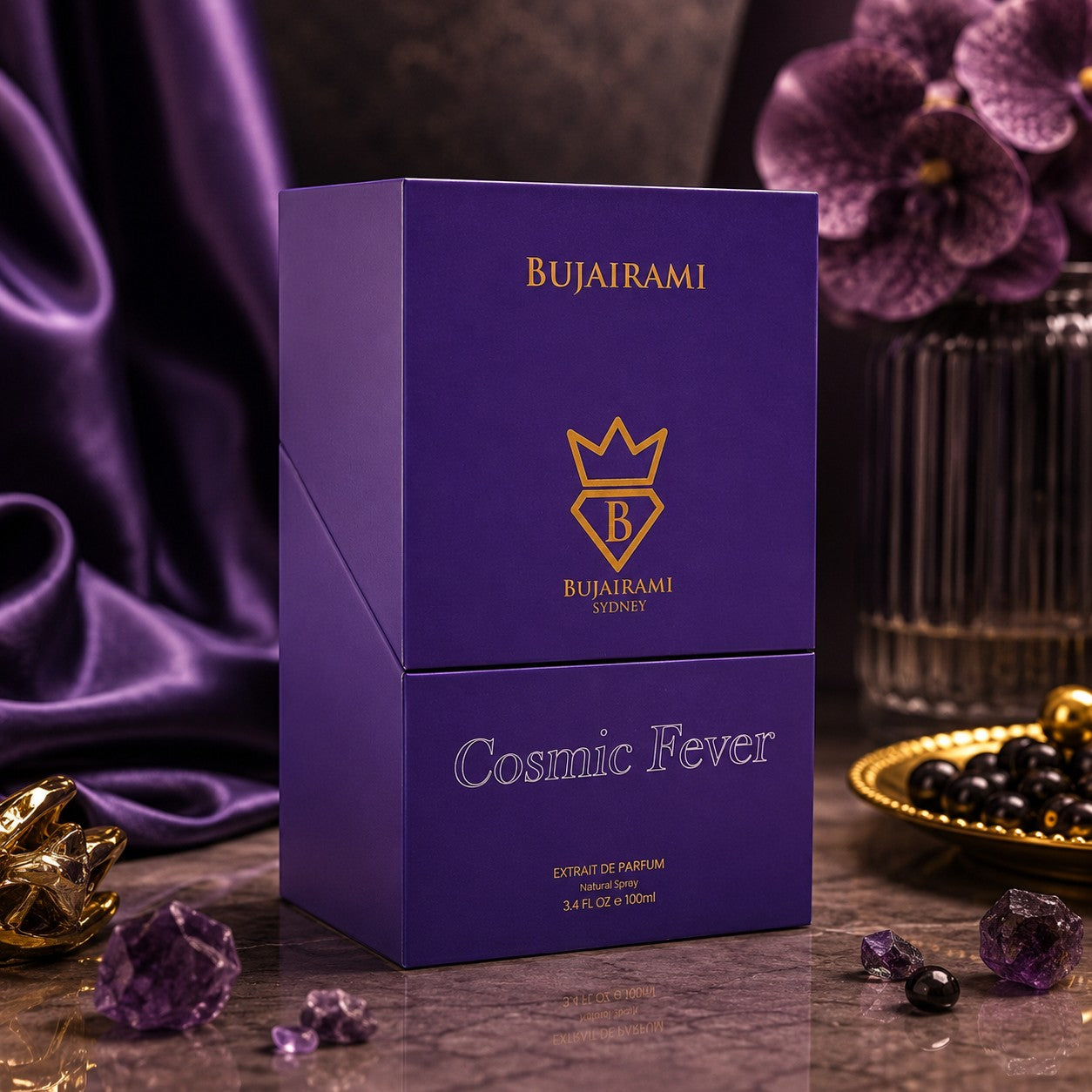 Soghaat Bujairami Cosmic Fever Extrait de Parfum in a purple box, set against purple silk and amethyst crystals.
