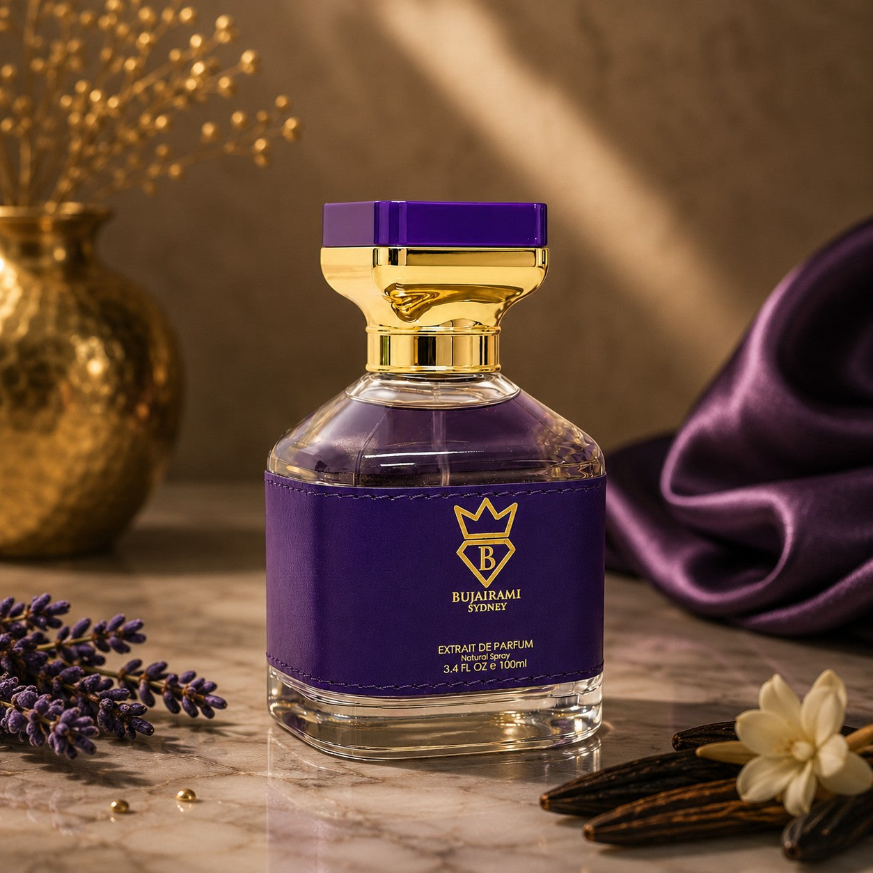 Soghaat Bujairami Cosmic Fever unisex Extrait de Parfum in a purple leather-wrapped bottle with gold accents.