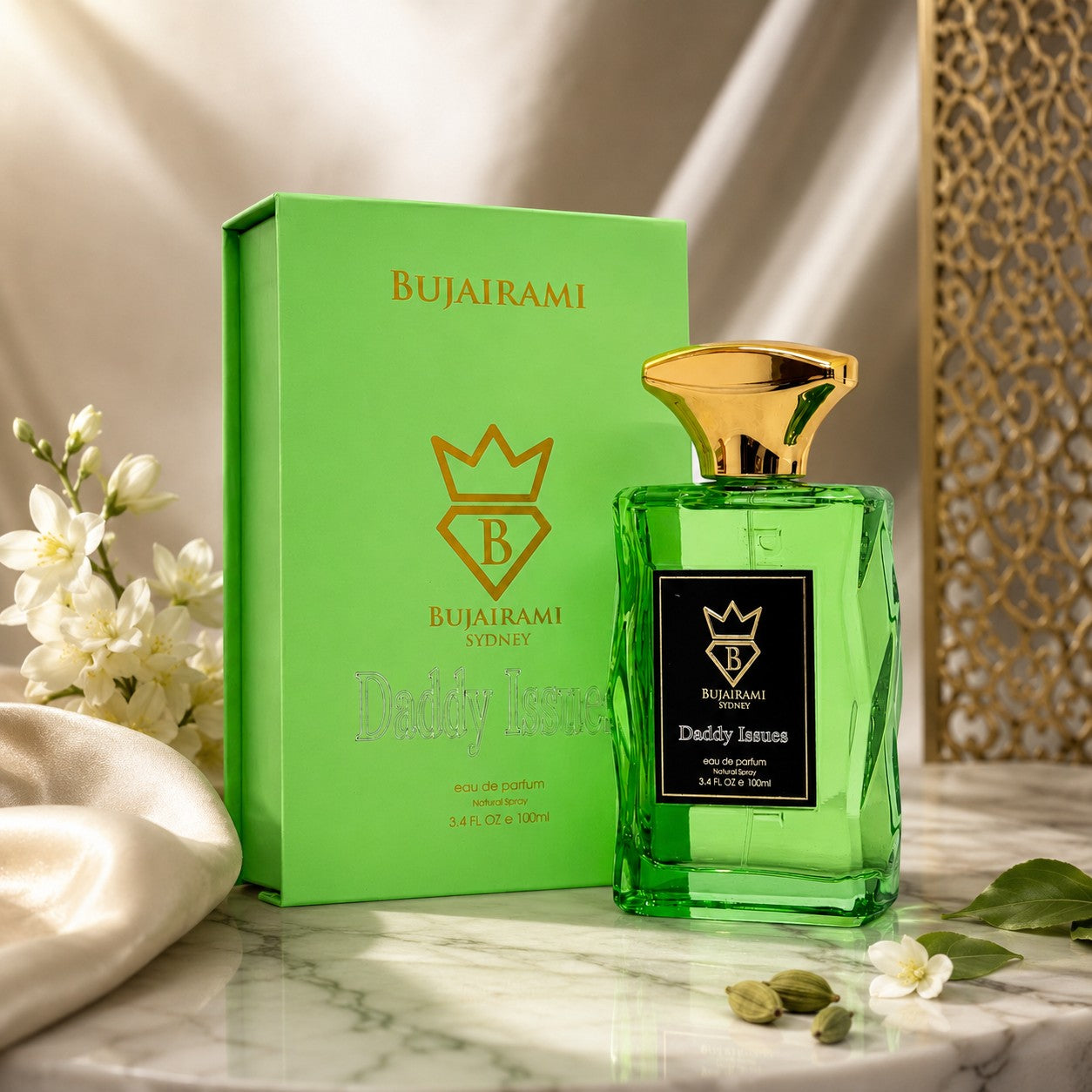 Soghaat Bujairami Daddy Issues 100ml unisex perfume in a vibrant green glass bottle with a gold cap and matching box.