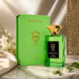 Soghaat Bujairami Daddy Issues 100ml unisex perfume in a vibrant green glass bottle with a gold cap and matching box.