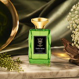 Soghaat Bujairami Daddy Issues 100ml unisex Eau de Parfum in a bright green glass bottle with a gold cap on marble.