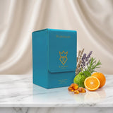 Soghaat Bujairami Deep Night Extrait de Parfum in a teal leather case with orange, bergamot, and lavender accents.