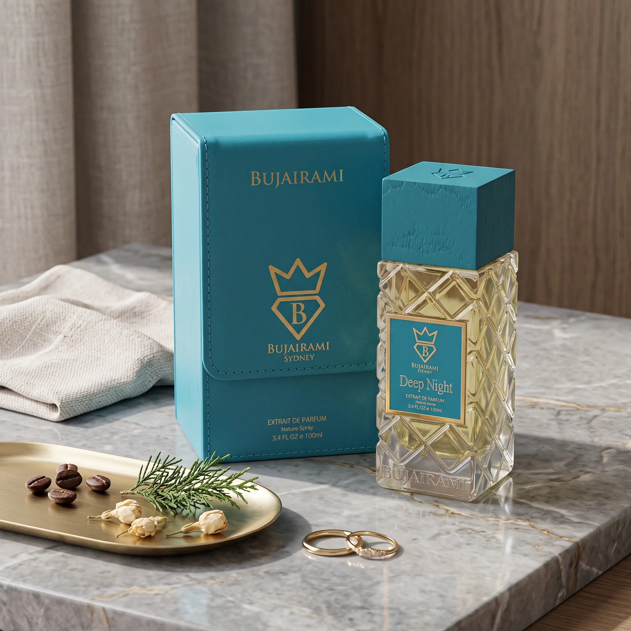 Soghaat Bujairami Deep Night 100ml Extrait de Parfum bottle and turquoise leather case on a marble surface.