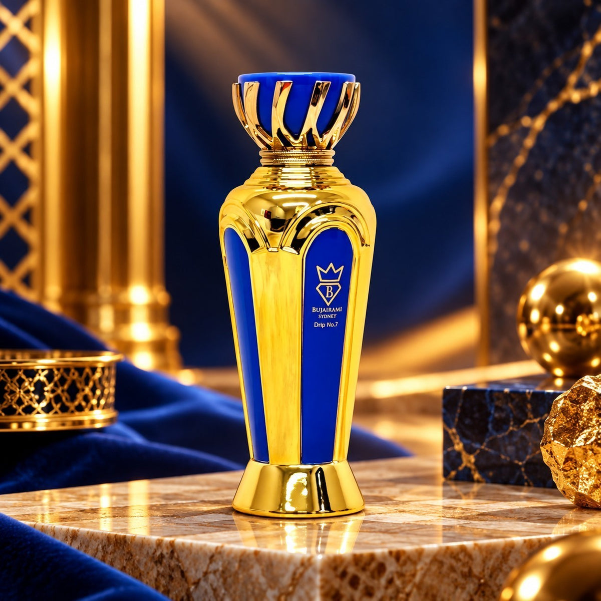 Soghaat Bujairami Drip No.7 100ml Eau de Parfum in a luxurious blue and gold bottle on a marble surface.