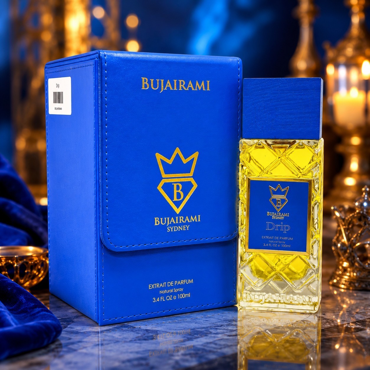 Soghaat Bujairami Drip 100ml Extrait de Parfum in a blue leather case and glass bottle with gold accents.