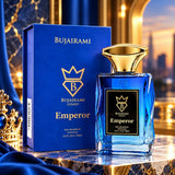 Soghaat Bujairami Emperor 100ml Eau de Parfum in a blue glass bottle with gold cap next to its matching blue box.