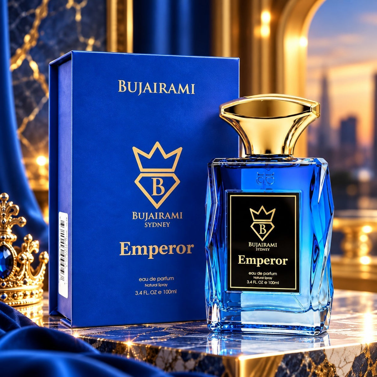 Soghaat Bujairami Emperor 100ml Eau de Parfum in a blue glass bottle with gold cap next to its matching blue box.
