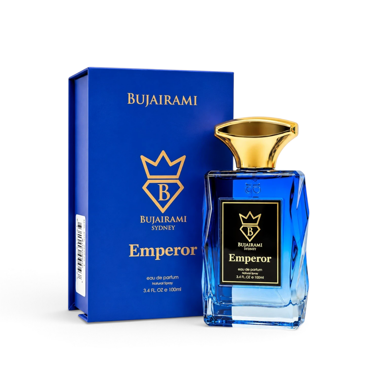 Soghaat Bujairami Emperor 100ml Eau de Parfum for men in a vibrant blue glass bottle with gold cap and matching box.