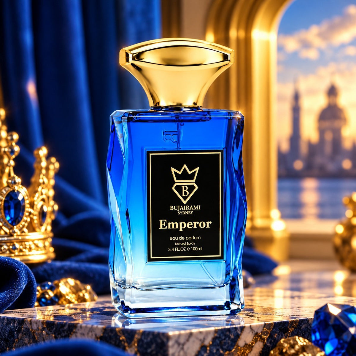 Soghaat Bujairami Emperor 100ml Eau de Parfum in a faceted blue glass bottle with a gold cap on a marble surface.