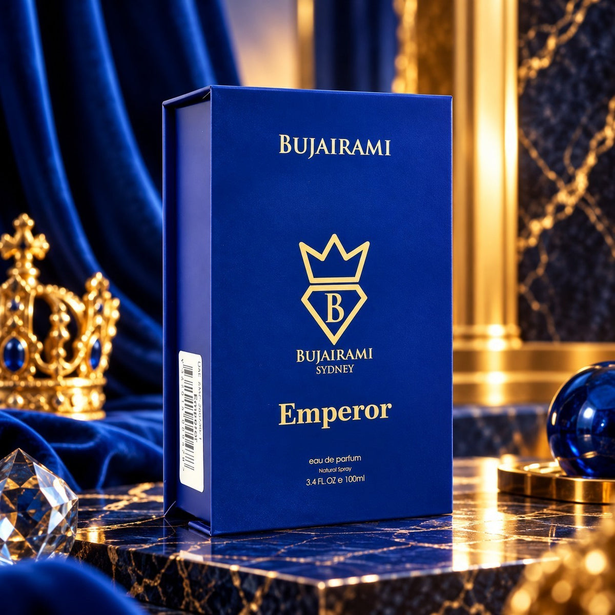 Soghaat Bujairami Emperor 100ml Eau de Parfum in a royal blue box with gold logo, displayed on a marble surface.
