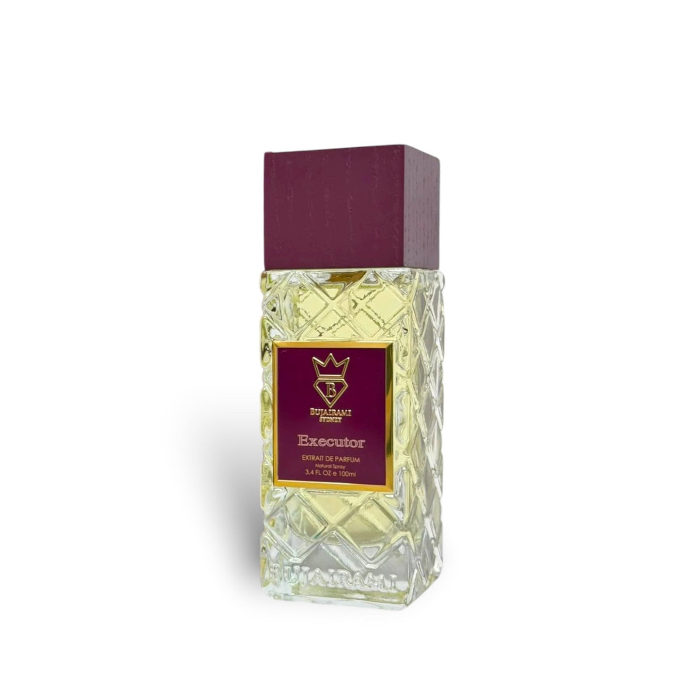 Soghaat Bujairami Executor 100ml Extrait de Parfum bottle with textured glass and purple leather case.