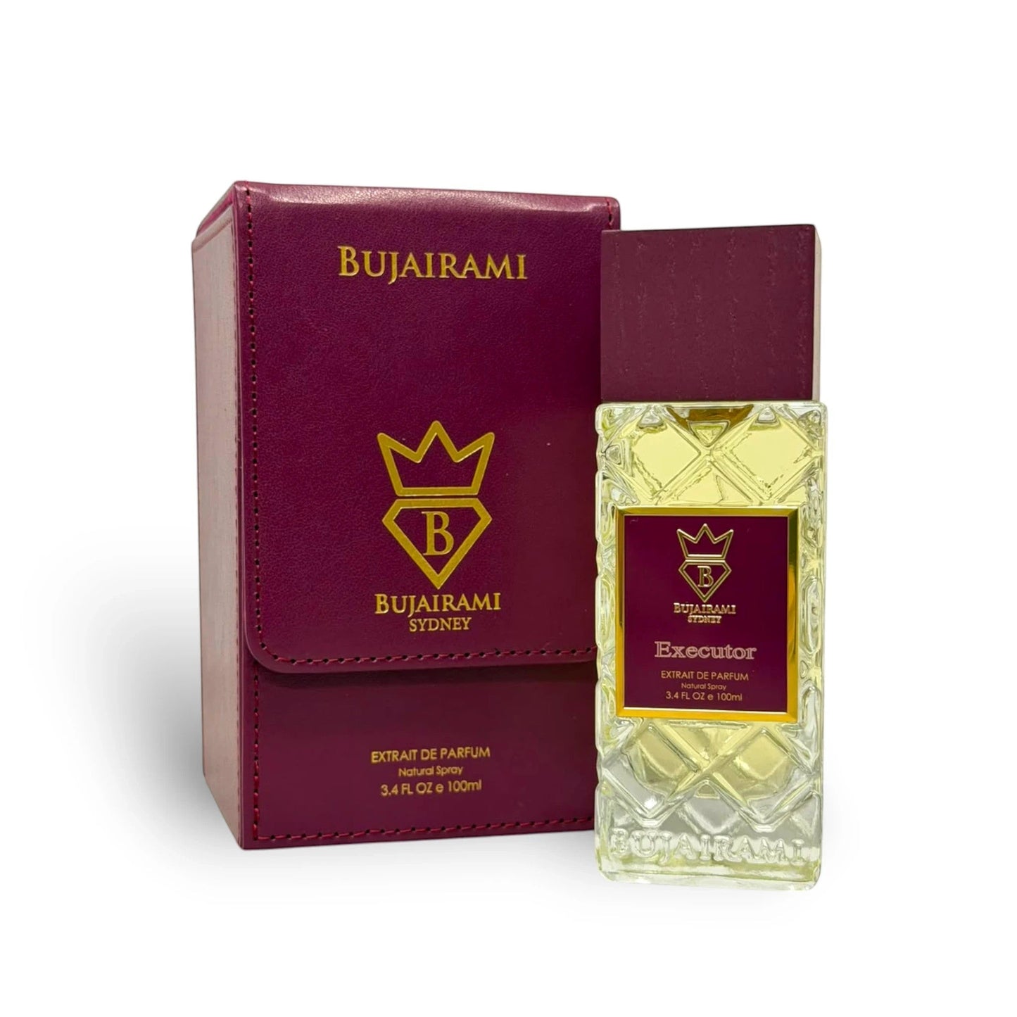 Soghaat Bujairami Executor 100ml Extrait de Parfum bottle and burgundy leather-style presentation box for men