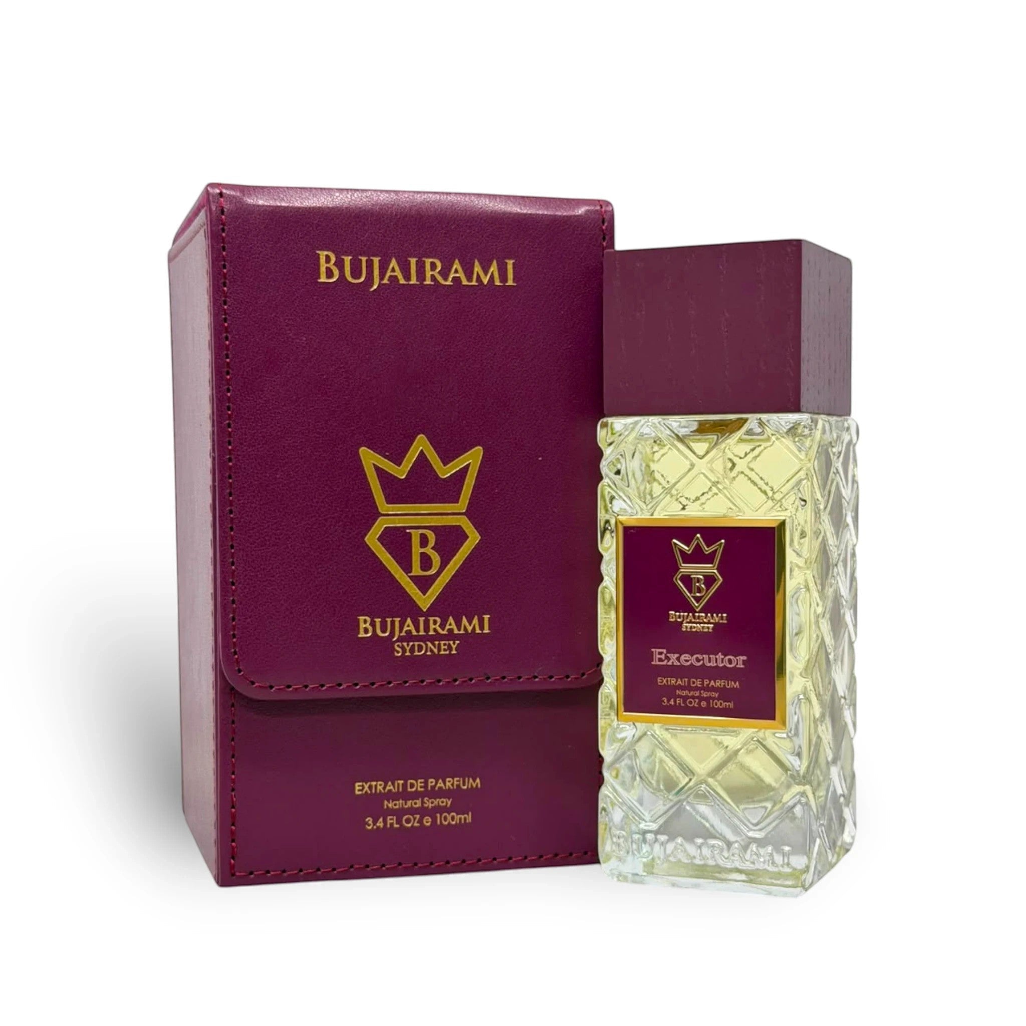 Soghaat Bujairami Executor 100ml Extrait de Parfum in a textured glass bottle with a purple leather-style presentation box.