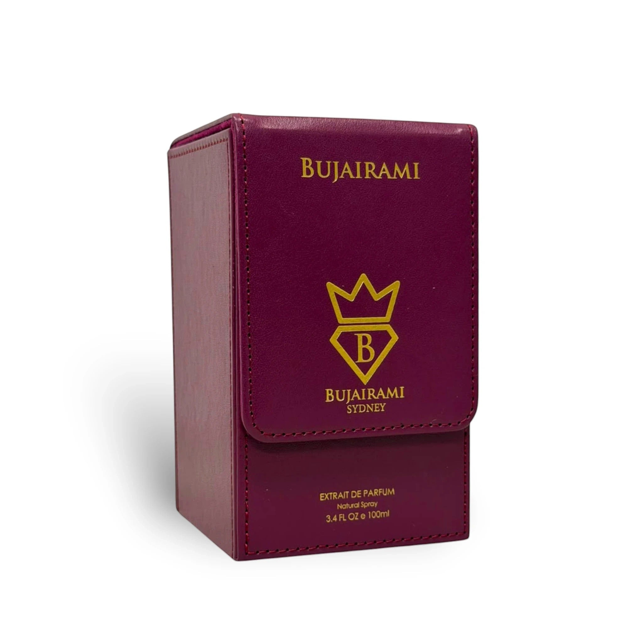 Soghaat Bujairami Executor 100ml Extrait de Parfum in a premium deep purple leather-textured display case.