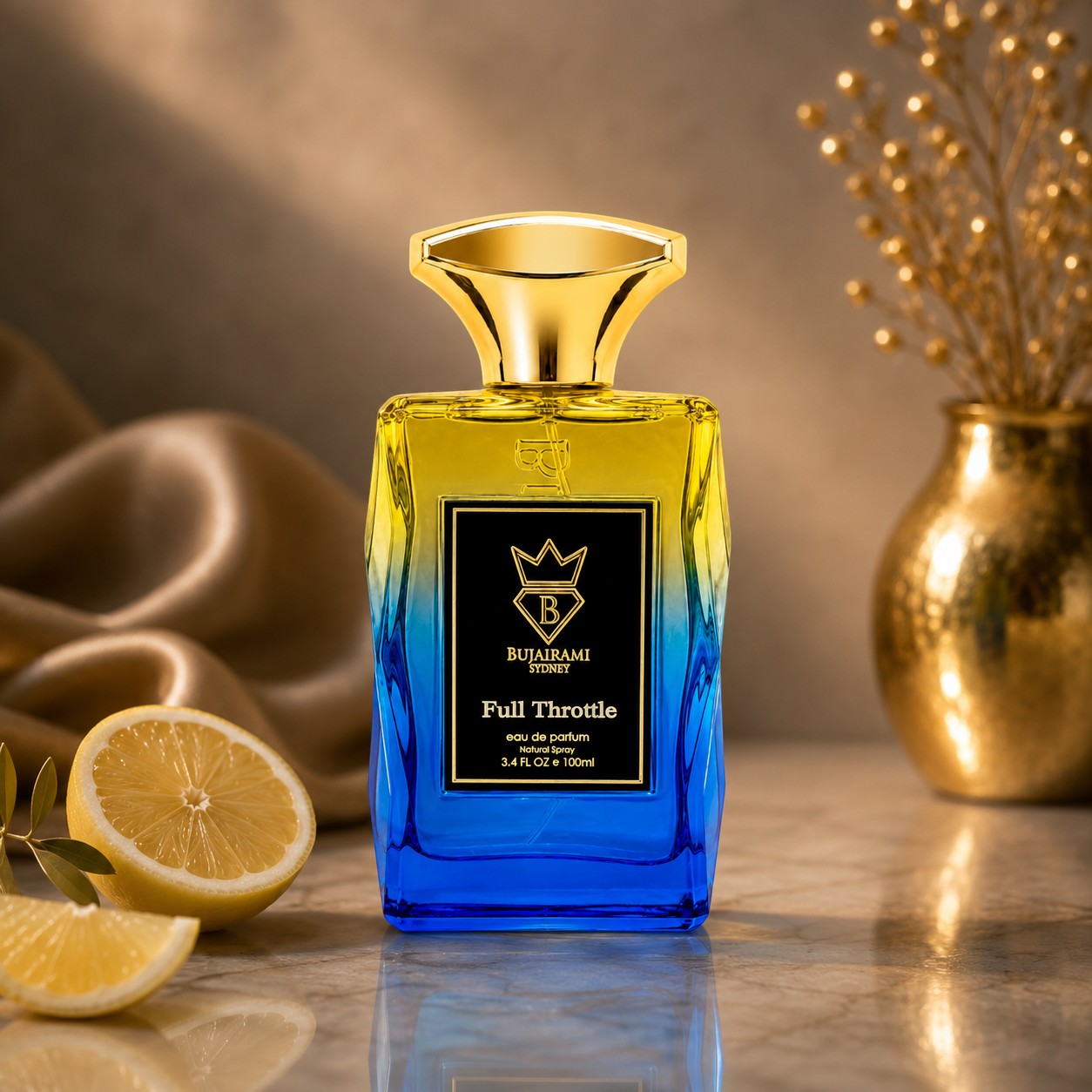 Soghaat Bujairami Full Throttle unisex eau de parfum in a vibrant blue and yellow glass bottle with a gold cap.