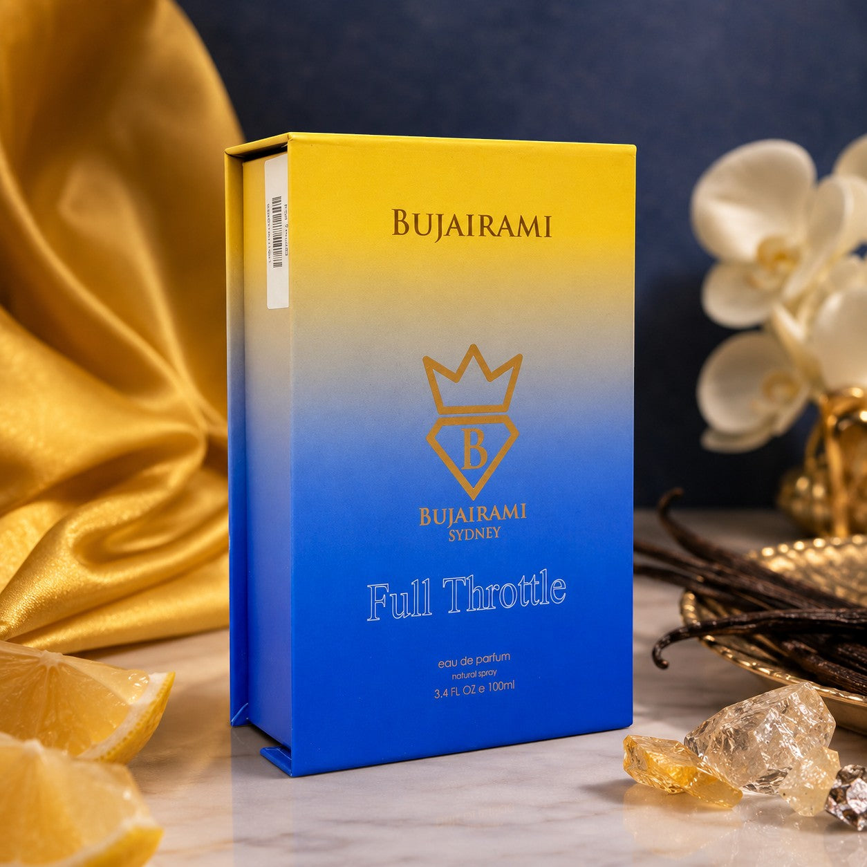 Soghaat Bujairami Full Throttle 100ml unisex Eau de Parfum bottle in a yellow and blue gradient box on a marble table.