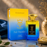 Soghaat Bujairami Full Throttle unisex Eau de Parfum bottle and box with yellow to blue gradient design on a table.
