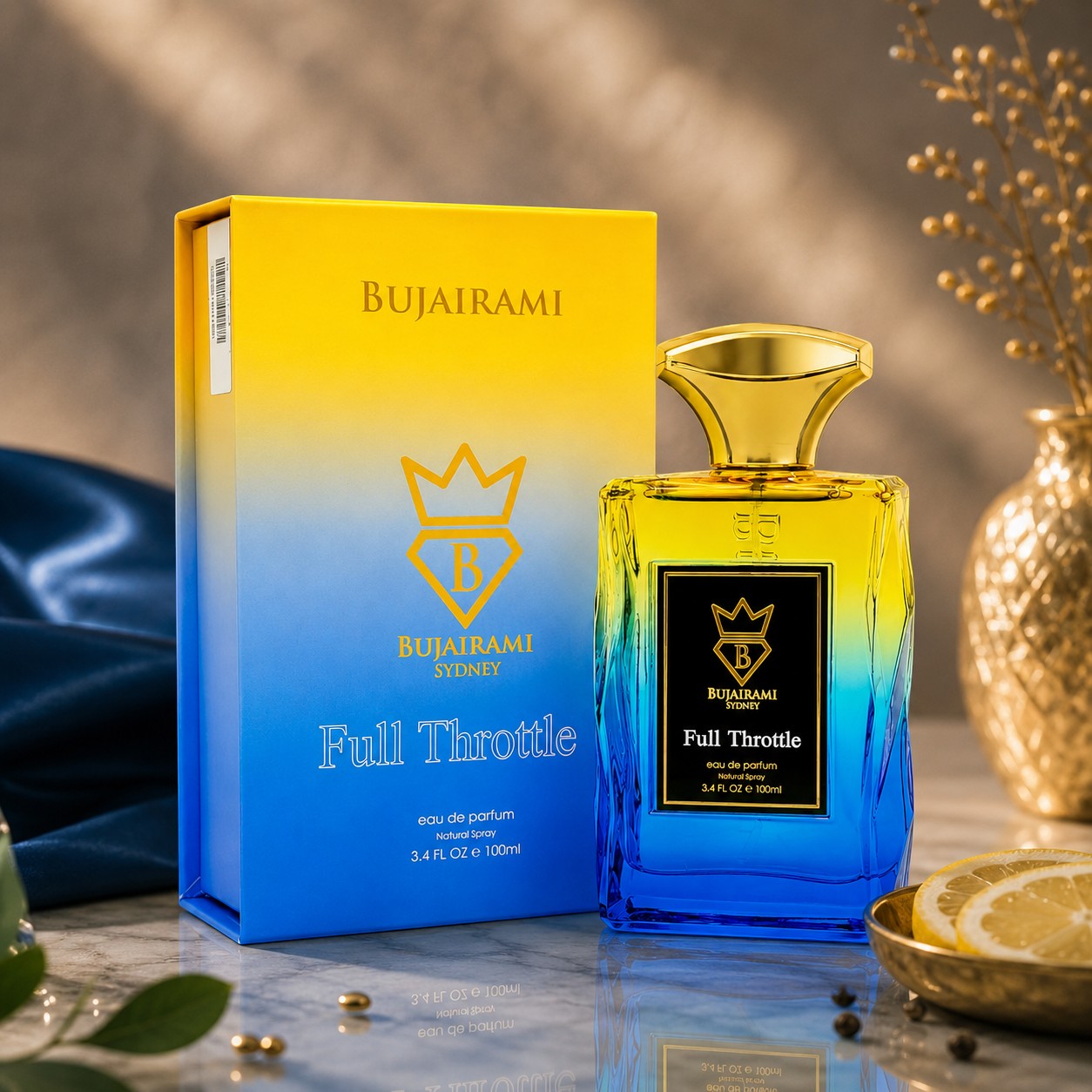 Soghaat Bujairami Full Throttle unisex Eau de Parfum bottle and box with yellow to blue gradient design on a table.