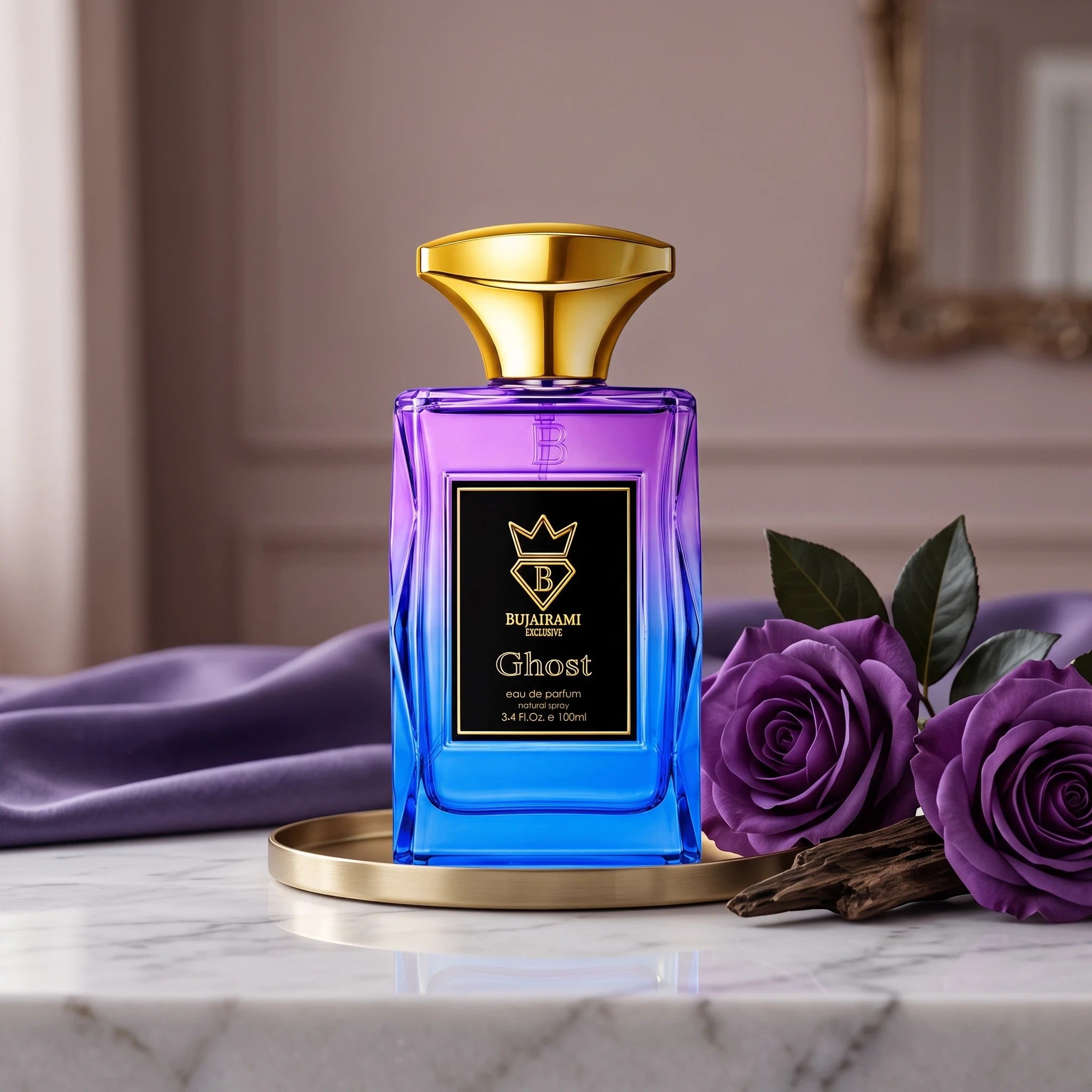 Soghaat Bujairami Ghost unisex Eau de Parfum in a purple and blue gradient bottle with gold cap on a marble surface.