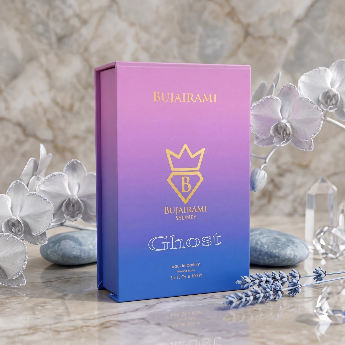 Soghaat Bujairami Ghost 100ml Eau de Parfum in a purple and blue gradient box, surrounded by orchids and stones.