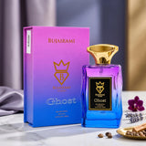 Soghaat Bujairami Ghost 100ml unisex Eau de Parfum in a purple and blue gradient bottle with a gold cap and matching box.