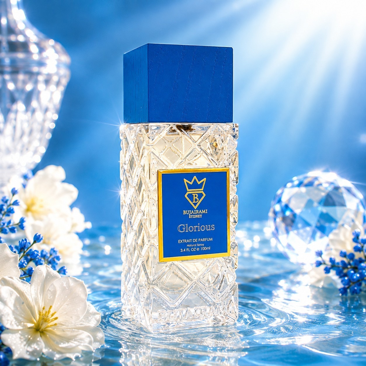 Soghaat Bujairami Glorious unisex Extrait de Parfum in a textured glass bottle with a blue cap, set against a blue background.