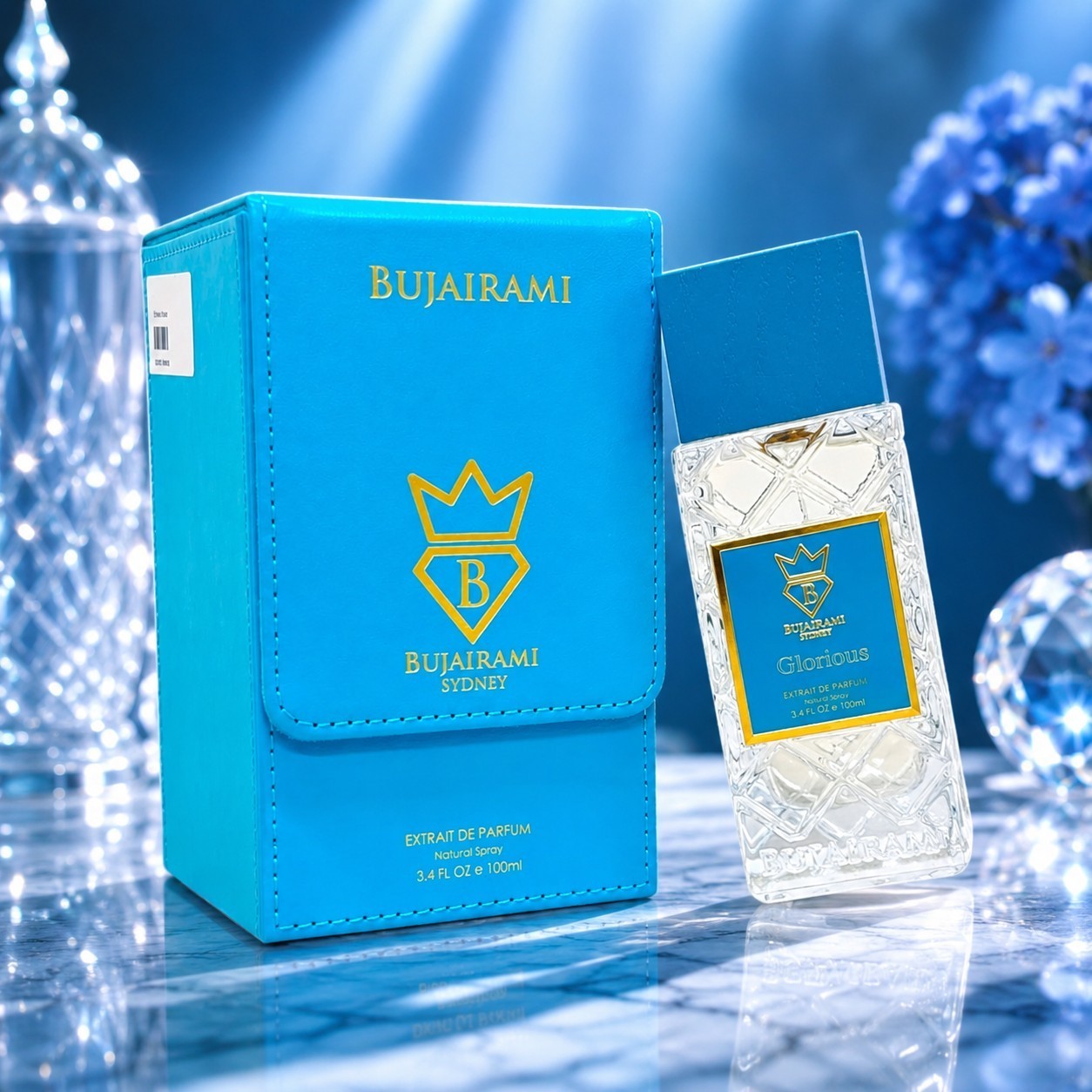 Soghaat Bujairami Glorious 100ml Extrait de Parfum in a bright blue leather case and glass bottle on marble surface.