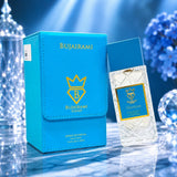 Soghaat Bujairami Glorious 100ml Extrait de Parfum in a bright blue leather case and glass bottle on marble surface.