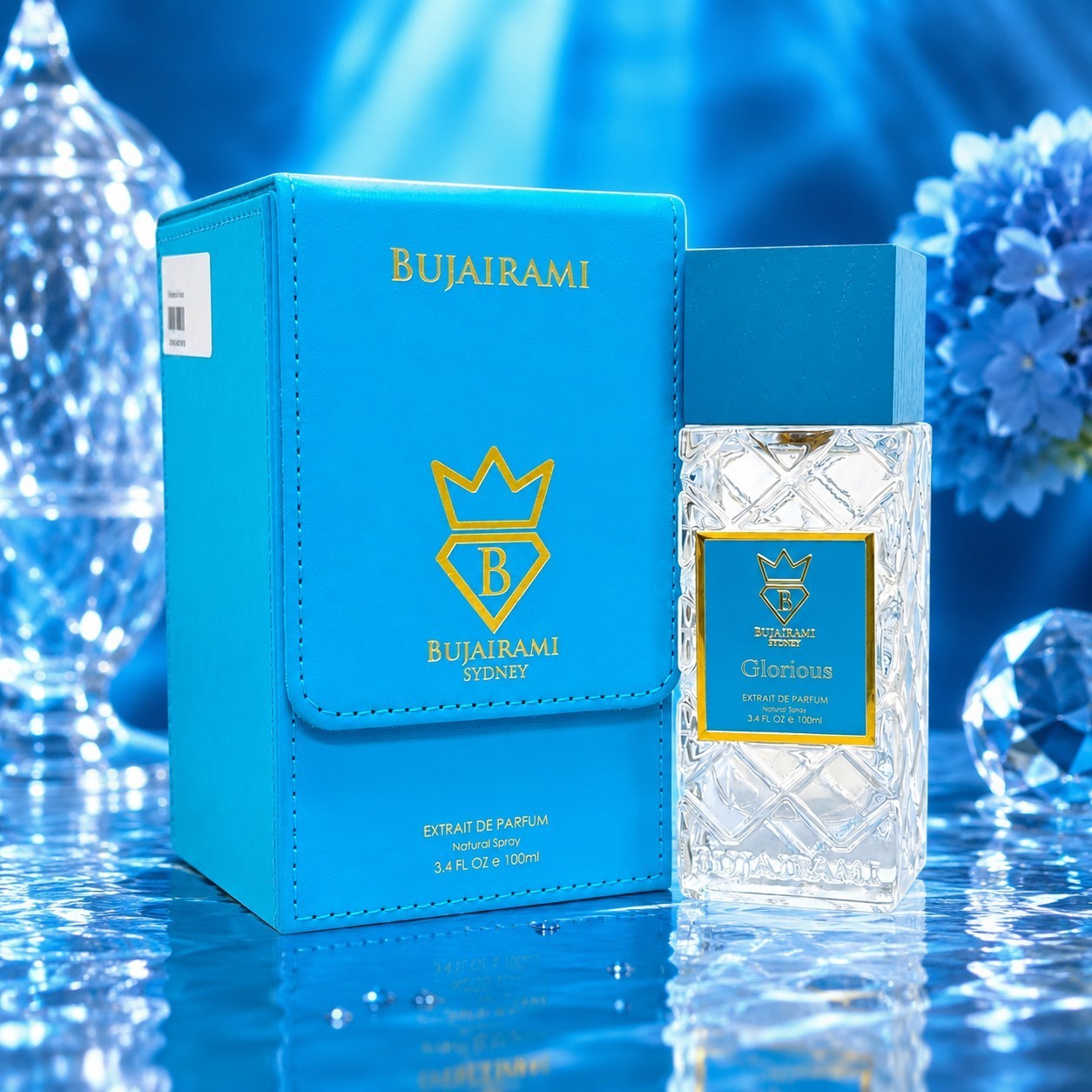 Soghaat Bujairami Glorious 100ml Extrait de Parfum in a bright blue leather box and textured glass bottle.
